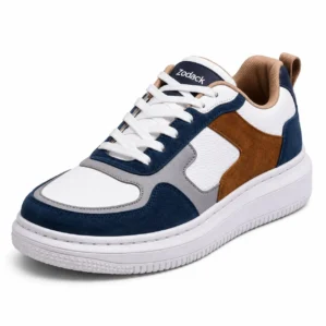 Men's Zodack low-top lace-up sneaker featuring multi-panel white leather, navy blue suede toe cap, brown suede side panel, and a cushioned white rubber cupsole