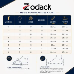 Zodack shoe size guide for men with conversion table for UK, India, US, and EU sizes, plus instructions on measuring foot length and circumference