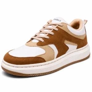 Three-quarter angle view of Zodack low-top casual sneaker featuring smooth white leather, beige textured overlays, cognac brown suede panels, and a white rubber cupsole with gum tread