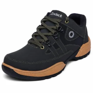 Three-quarter view of Zodack men's dark olive green outdoor shoe featuring metal lace hooks, contrast stitching, and a dual-tone tan and black rugged sole