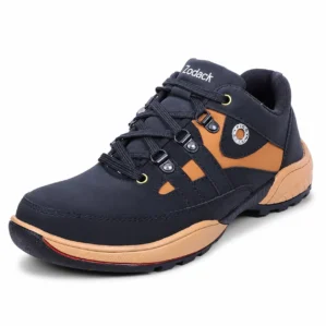 Three-quarter angle view of Zodack men's black and brown outdoor shoe featuring contrast side panels, black laces, metal eyelets, and a textured tan and black sole