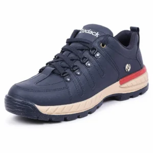 Three-quarter angle view of Zodack men's navy blue textured leather outdoor shoe with quick-lace D-rings, tan midsole, and red accent stripe