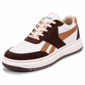 Three-quarter angle view of Zodack men's casual sneaker in white leather with chocolate brown suede overlays, tan side stripes, and an off-white sole